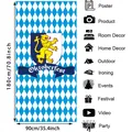 Detail of Oktoberfest banner showing blue white lozenge pattern and lion crest - Barrel Musical Instrument Rich Pattern Style