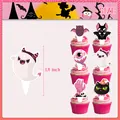 Set of pink Halloween cupcake toppers with cartoon ghosts, cats and 3.4 inch size detail - Small Cake Toppers