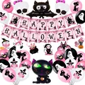 Roze en zwarte Halloween decoratieset met ballonnen en Happy Halloween feestbanner - Banner Swirls Ballonnen Folieballonnen