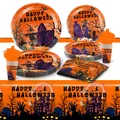 Kit vaisselle jetable Halloween orange avec motifs citrouilles pour 10 personnes - Ensemble Vaisselle Halloween Orange