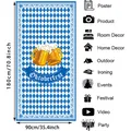 Detailed view of Oktoberfest banner dimensions with blue and white Bavarian patterns - Cheers Beer Mug Style / 180x90cm