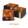 Vue détaillée de 100 serviettes de Halloween avec citrouilles orange et motifs de fantômes - Serviettes Halloween Orange