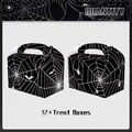Set of 12 Halloween treat boxes featuring black spider web and bat patterns with handles - Gable Paper Box Style
