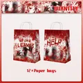 Detail of 12-pack Halloween bloody handprint kraft gift bags with rope handles - 12 Kraft Paper Handbags