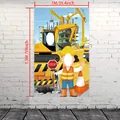 Construction party backdrop banner with photo cutouts featuring yellow excavators