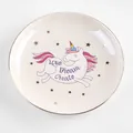 Bandeja de cerámica para joyas con borde dorado y unicornio con frase Love Dream Create - Blanco Roto