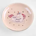 Bandeja de cerámica rosa para joyas con borde dorado y unicornio con frase de sueños - Rosa Anaranjado
