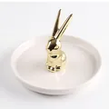 Minimalist white ceramic jewelry tray with a gold plated rabbit statue for ring storage - White Plate Gold Rabbit Style