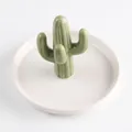 Olive green ceramic cactus jewelry tray with cream base for ring and necklace storage - White Tray Green Cactus