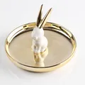 Creative white rabbit ceramic jewelry tray with gold-plated ears and round metal tray finish - Gold Plate Gold Ear White Rabbit