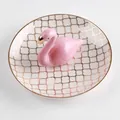 Ceramic jewelry tray with pink flamingo figurine and gold clover patterns - Checked Base Flamingo