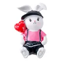 Cute bunny plug hook in pink shirt and blue overalls holding a red heart balloon - Overalls Pink Rabbit