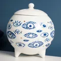 Barattolo tripode in ceramica bianca con motivo occhio blu e accenti dorati - Malocchio Barattolo Diffusore