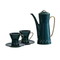 Dark green ceramic tea set with one teapot and two cups featuring luxury gold trim - 1 Pot 2 Cups 2 Saucers / Green