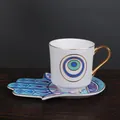 European ceramic coffee cup and saucer set with gold handle and Hamsa Fatima hand plate - Blue And Purple Geometric Hamsa Hand (ZH0565)