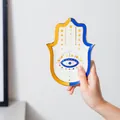 Vassoio per gioielli mano di hamsa in ceramica con occhio greco e bordi dorati - CF0172 Bianco Giallo Blu Occhio