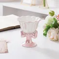 Macro detail of ceramic dessert cup with pearl glaze finish and pink bow on wood table - Without Candle / Pink