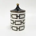 Pot à bougie en céramique blanche avec motif de chaîne noir et or et poignée de couvercle dorée - Chaîne Rectangulaire Noir Or (XGD57)