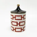 Jarre à bougie en céramique à motifs chaînes rouges avec couvercle noir et pommeau or - Chaîne Rectangulaire Rouge Or (XGD58)