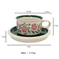 French vintage ceramic coffee cup and saucer set with 280ml capacity and floral patterns - Green Leaves and Red Flowers