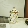 Elegant white ceramic candle jar with gold 3D geometric cube pattern and cone lid handle - Small (350ml) / Platinum (Style C)