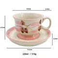 Detailed size measurement chart for vintage hand-painted ceramic coffee cup and saucer set - Pink