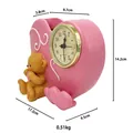 Pink heart-shaped desk clock with a cute teddy bear and detailed dimension measurements - Pink Bear Heart