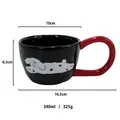 340ml black ceramic cartoon dog mug with red handle and measurement dimensions - White Dalmatian Black