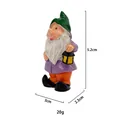 Close-up of resin garden dwarf holding yellow lantern with size and weight annotations - Gnome with Lantern