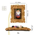 Detailed side and front view of 3D gnome ornament in vintage gold frame decoration - Gold Frame Purple Coat With Lantern (Style B)