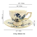 Dimensioni dettagliate di una tazza da tè vintage in ceramica floreale con bordo dorato - Tazzina E Piattino Orchidea Blu