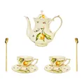 European style ivory ceramic tea set with lemon patterns and elegant gold trim finish - Lemon Butterfly Floral / Teapot Cups Saucers Spoons