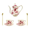 Set da tè vintage in ceramica con rose rosse e eleganti bordi in oro lucido - Set Orchidea Rossa (1 Teiera 2 Tazzine 2 Piattini 2 Cucchiai)