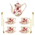 Set da tè vintage in ceramica con rose rosse e bordo dorato, include 1 teiera e 4 tazze - Set Orchidea Rossa (1 Teiera 4 Tazzine 4 Piattini 4 Cucchiai)