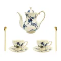 Set da tè vintage in ceramica con rose blu e bordo dorato, set da 5 pezzi raffinati - Set Orchidea Blu (1 Teiera 2 Tazzine 2 Piattini 2 Cucchiai)