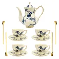 Set da tè in ceramica a fiori blu e bianchi con bordo dorato include teiera e 4 tazze con piatti - Set Orchidea Blu (1 Teiera 4 Tazzine 4 Piattini 4 Cucchiai)