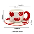 Handcrafted ceramic coffee cup and saucer set with red heart pattern and wavy edges - Individual Box / Large Heart
