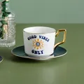 Set tazzina da caffè in ceramica bianca e blu navy con manico dorato e motivo a sole - Stile Sole Good Vibes Only / Motivo Good Vibes Only