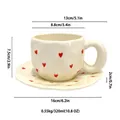 Handmade cream ceramic coffee cup and saucer set with red heart print, 320ml capacity - Individual Box / Small Heart