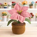 Handmade crochet pink lily potted plant in a brown knitted pot for desk decor - Pink