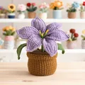 Handmade crochet potted flower in purple with green leaves and brown knitted pot - Purple