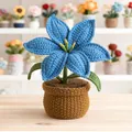 Handmade crochet blue lily flower in brown knitted pot for home desktop decoration - Blue