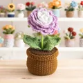 Handmade crochet ranunculus flower pot in purple and white for desk decoration - Purple Ranunculus