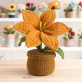 Handmade crochet orange lily potted plant with green leaves and a brown woven pot - Orange