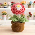 Pink and white handmade crochet peony flower in a yellow pot for desk decoration - Pink Ranunculus