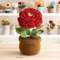 Handmade red crochet ranunculus flower pot gift with realistic knitted petals and leaves - Red Ranunculus