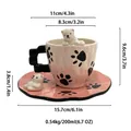 Set tazzina e piattino in ceramica rosa da 200 ml con simpatiche decorazioni di gatti - Schiuma EPE + Scatola / Rosa e Nero Zampa