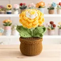 Handmade crochet yellow peony flower in a dark brown knit pot for home gift - Yellow Ranunculus