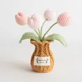 Handmade crochet pink tulip bouquet in a yellow woven vase with handmade label - Pink Tulip
