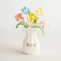 Handmade crochet colorful tulip flowers in a white textured knit pot with handmade label - Colorful Forget-me-not